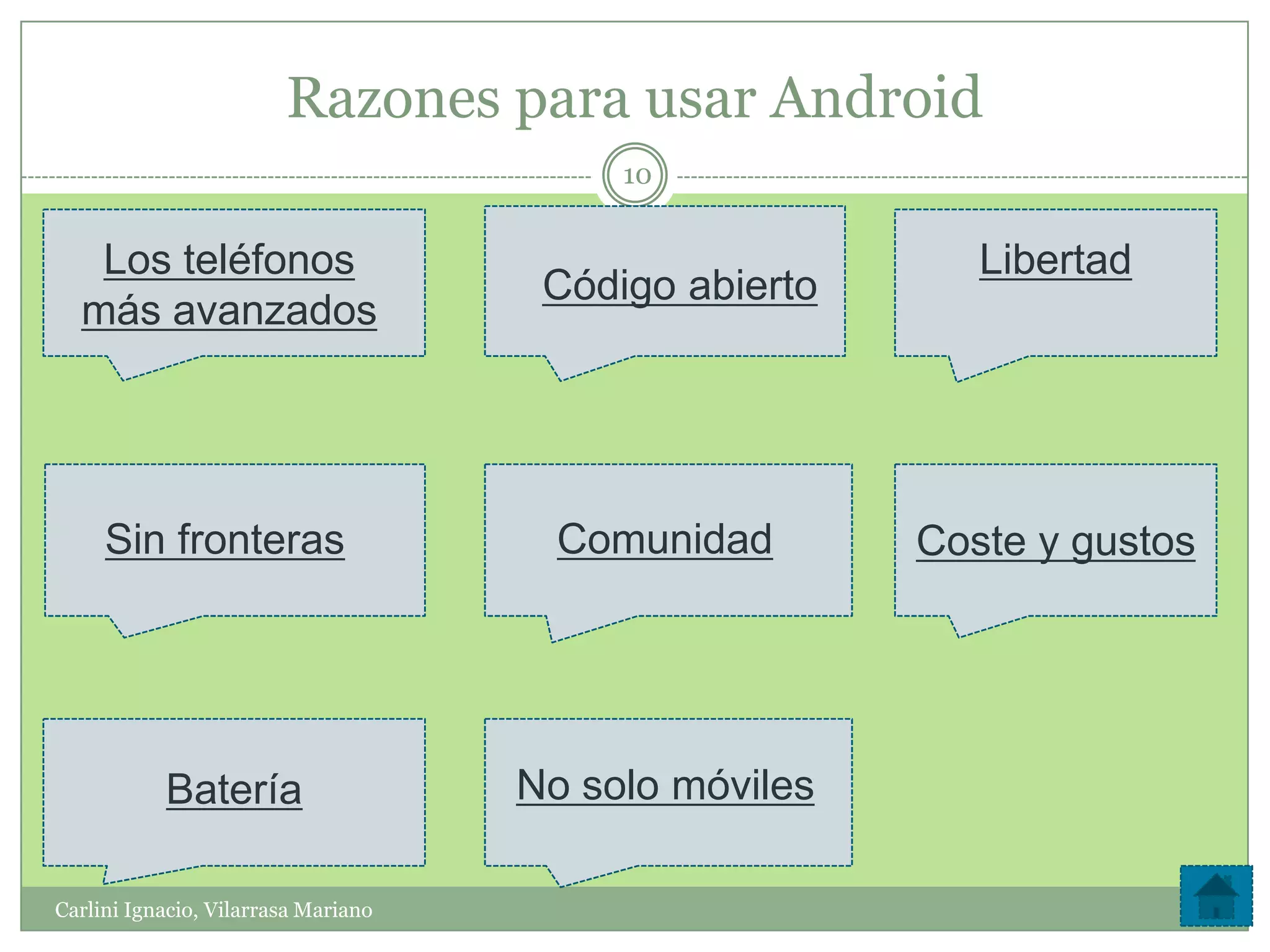 Razones para usar Android
                                          10


   Los teléfonos                                          Libertad
                                      Código abierto
  más avanzados




     Sin fronteras                     Comunidad       Coste y gustos




           Batería                   No solo móviles

Carlini Ignacio, Vilarrasa Mariano
 