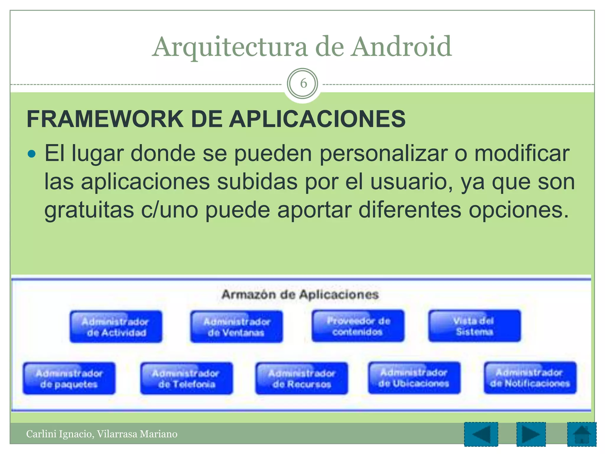 Arquitectura de Android
                                       6

FRAMEWORK DE APLICACIONES
 El lugar donde se pueden personalizar o modificar
  las aplicaciones subidas por el usuario, ya que son
  gratuitas c/uno puede aportar diferentes opciones.




Carlini Ignacio, Vilarrasa Mariano
 