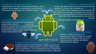 6.-Android 2.3 Gingerbread (2010)
Gingerbread fue otro gran refinamiento de Android, y vio un
rediseño de los widgets y la pantalla de inicio de Android.
Gingerbread también llegó con un teclado mejorado
7.-Android 3.0 Honeycomb (2011)
El lanzamiento de Honeycomb fue interesante
porque estaba dirigido a tabletas. Incluso, se
mostró por primera vez en un dispositivo Motorola,
que eventualmente se convertiría en Xoom.
Honeycomb dio algunas pistas sobre el diseño de
futuras versiones de Android
8.-Android 4.0 Ice Cream Sandwich (2011)
El sistema operativo trajo los botones virtuales, así como una
interfaz ajustada y refinada que hizo uso de los reflejos azules.
Otras características, como el desbloqueo facial, el análisis del
uso de datos y las nuevas aplicaciones para correo y calendario
9.-Android 4.1 Jelly Bean (2012)
Android Jelly Bean marcó una nueva era para el sistema
operativo. Su cambio más importante fue Google Now, al
que se podía acceder rápidamente desde la pantalla de
inicio y traía en un solo lugar información como eventos de
calendario, correos electrónicos, informes meteorológicos,
entre otras. Sentó las bases para lo que serían los
actuales
asistentes digitales, incluido el Asistente de Google.
10.-Android 4.4 KitKat (2013)
Android 4.4 KitKat coincidió con el
lanzamiento del Nexus 5 y llegó con muchas
características novedosas. Fue uno de los
mayores cambios estéticos del sistema,
modernizando su aspecto.
 