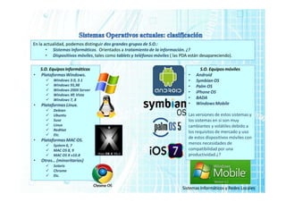 En la actualidad, podemos distinguir dos grandes grupos de S.O.:
• Sistemas Informáticos. Orientados a tratamiento de la información. ¿?
• Dispositivos móviles, tales como tablets y teléfonos móviles ( las PDA están desapareciendo).
S.O. Equipos Informáticos
• PlataformasWindows.
 Windows 3.0, 3.1
 Windows 95,98
 Windows 200X Server
 Windows XP, Vista
 Windows 7, 8
• Plataformas Linux.
 Debian
 Ubuntu
 Suse
 Linux
 RedHat
 Etc.
• PlataformasMAC OS.
 System 6, 7
 MAC OS 8, 9
 MAC OS X v10.8
• Otros… (minoritarios)
 Solaris
 Chrome
 Etc.
S.O. Equipos móviles
• Android
• Symbian OS
• Palm OS
• iPhone OS
• BADA
• Windows Mobile
Las versiones de estos sistemas y
los sistemas en si son muy
cambiantes y volátiles debido a
los requisitos de mercado y uso
de estos dispositivos móviles con
menos necesidades de
compatibilidad por una
productividad.¿?
Sistemas Informáticos y Redes Locales
 