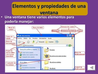Elementos y propiedades de una
                 ventana
• Una ventana tiene varios elementos para
  poderla manejar:
 