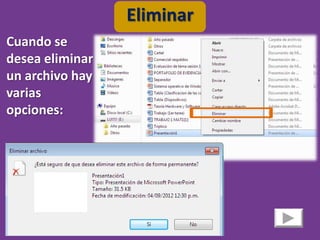 Eliminar
Cuando se
desea eliminar
un archivo hay
varias
opciones:
 