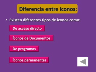 Diferencia entre íconos:
• Existen diferentes tipos de iconos como:
   De acceso directo

   Íconos de Documentos

   De programas

   Íconos permanentes
 