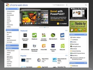 Lanzadores: aparecen en la página principal, y son iconos grandes que se utilizan para abrir aplicaciones web, también ver los sitios más visitados, y ver los marcadores en una barra superior.