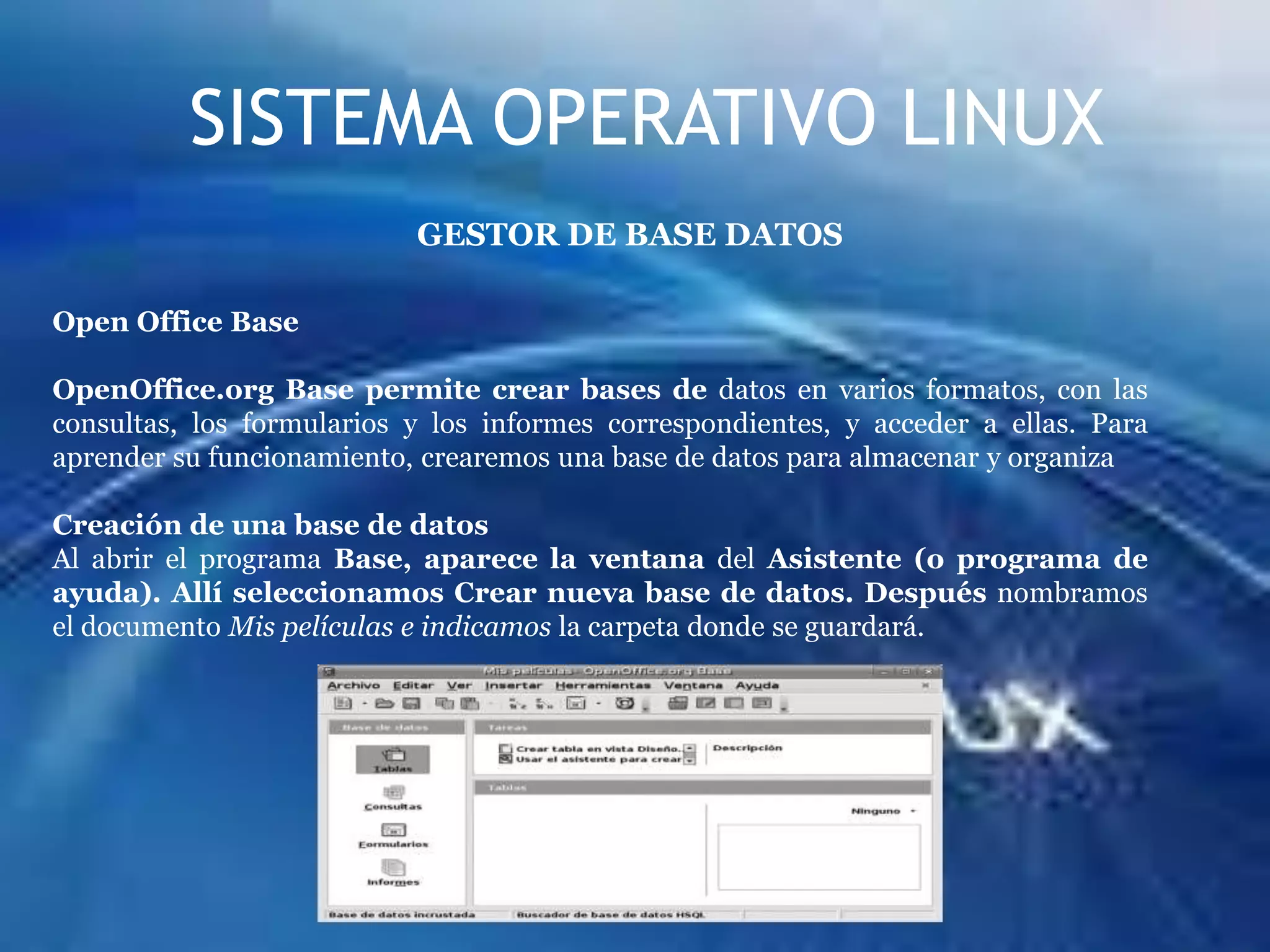 SISTEMA OPERATIVO LINUXOPEN OFFICE IMPRESSCrear una presentación Para abrir Impress, hay que acudir al menú Aplicaciones  Oficina. La primera  ventana que aparece es el Piloto automático de presentaciones, que nos permitirá comenzar a trabajar el diseño global de la presentación, tanto desde una presentación vacía como desde una plantilla predefinida.