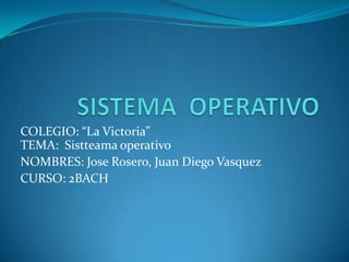 SISTEMA  OPERATIVO COLEGIO: “La Victoria”TEMA: Sistteama operativo NOMBRES: Jose Rosero, Juan Diego Vasquez CURSO: 2BACH 