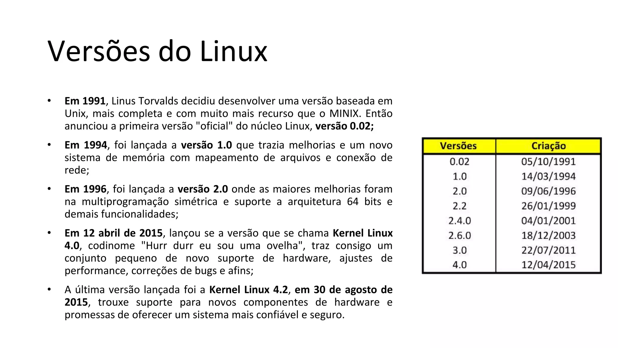 Versões do Linux
• Em 1991, Linus Torvalds decidiu desenvolver uma versão baseada em
Unix, mais completa e com muito mais recurso que o MINIX. Então
anunciou a primeira versão "oficial" do núcleo Linux, versão 0.02;
• Em 1994, foi lançada a versão 1.0 que trazia melhorias e um novo
sistema de memória com mapeamento de arquivos e conexão de
rede;
• Em 1996, foi lançada a versão 2.0 onde as maiores melhorias foram
na multiprogramação simétrica e suporte a arquitetura 64 bits e
demais funcionalidades;
• Em 12 abril de 2015, lançou se a versão que se chama Kernel Linux
4.0, codinome "Hurr durr eu sou uma ovelha", traz consigo um
conjunto pequeno de novo suporte de hardware, ajustes de
performance, correções de bugs e afins;
• A última versão lançada foi a Kernel Linux 4.2, em 30 de agosto de
2015, trouxe suporte para novos componentes de hardware e
promessas de oferecer um sistema mais confiável e seguro.
 