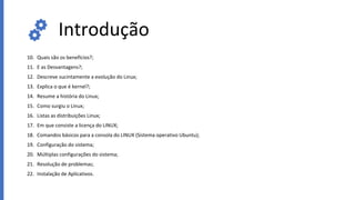 Introdução
10. Quais são os benefícios?;
11. E as Desvantagens?;
12. Descreve sucintamente a evolução do Linux;
13. Explica o que é kernel?;
14. Resume a história do Linux;
15. Como surgiu o Linux;
16. Listas as distribuições Linux;
17. Em que consiste a licença do LINUX;
18. Comandos básicos para a consola do LINUX (Sistema operativo Ubuntu);
19. Configuração do sistema;
20. Múltiplas configurações do sistema;
21. Resolução de problemas;
22. Instalação de Aplicativos.
 