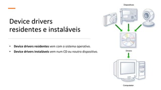 Device drivers
residentes e instaláveis
• Device drivers residentes vem com o sistema operativo.
• Device drivers instaláveis vem num CD ou noutro dispositivo.
 