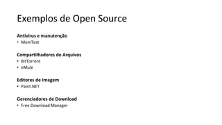 Exemplos de Open Source
Antivírus e manutenção
• MemTest
Compartilhadores de Arquivos
• BitTorrent
• eMule
Editores de Imagem
• Paint.NET
Gerenciadores de Download
• Free Download Manager
 