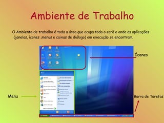 Ambiente   de Trabalho   O Ambiente de trabalho é toda a área que ocupa todo o ecrã e onde as aplicações (janelas, ícones ,menus e caixas de diálogo) em execução se encontram.   Ícones Menu     Barra de Tarefas 