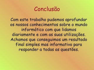 Conclusão Com este trabalho pudemos aprofundar os nossos conhecimentos sobre o mundo informático com que lidamos diariamente e com as suas utilizações. Achamos que conseguimos um resultado final simples mas informativo para responder a todas as questões. 