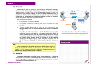 Capítulo 5
Anotaciones
REDES EN EDUCACIÓN 2 46
b) Windows 95
Versión del año 1995 que supone un gran avance con respecto a su precursor.
Resuelve muchos de los antiguos problemas y se considera ya un sistema operativo
dirigido totalmente al trabajo en red. En muchos aspectos se sitúa entre Windows 3.x y
Windows NT. Como Windows 3.x trabaja con DOS y lo necesita para funcionar, pero su
parecido con Windows NT es notable desde el punto de vista de cómo están
programadas sus aplicaciones. Así programas escritos para Windows 95 se pueden
ejecutar sin problemas en NT, pero no funcionan sobre 3.x.
Resumimos sus características:
• Nueva interface, más cómoda y atractiva.
• Capacidad de conectar nuevo hardware y listo, lo que conocemos como “plug
and play”.
• Windows 95 sigue ejecutándose por encima de DOS, necesitándolo, pero
integrado hasta tal punto con éste que prácticamente se trata de un solo sistema
operativo.
• Arquitectura del sistema de archivos a 32 bits. De todos los componentes
nuevos que aparecen en Windows 95, el principal es el sistema de gestión de
archivos, que ejecuta código de 32 bits en modo protegido de lectura y escritura
en el sistema de archivos. Windows 95 todavía está influenciado por el código
de 16 bits e incluso, Microsoft admite que Windows 95 no es un sistema
operativo puro de 32 bits, de hecho, todavía tiene partes construidas sobre 16
bits. Sin embargo, el código a 32 bits es clave para las mejoras de velocidad del
95.
c) Windows 98
Windows 98 es el sucesor de Windows 95 y se acerca todavía más a la plataforma
Windows NT. La característica fundamental del 98 es su preparación para el trabajo en
red, con soporte para mensajería, compartición de impresoras y archivos, explorador
Web integrado con el sistema operativo, etc.
WINDOWS 3.1
WINDOWS 95
Procesando datos
Procesando datos
00: 08
00: 40
Ilustración 38: Windows 95: es un Sistema Operativo de 32 bits que
mejora la capacidad de proceso de los Sistemas Operativos de 16 bits
Nota:
FAT32 permite tamaños de unidades de asignación de 4 K. De esta manera se
trabaja de manera más eficiente con los archivos de pequeño tamaño con
respecto a FAT16, mejorando notablemente la “perdida” de espacio y soportando
además discos de mayor tamaño (más de 2 Gigabytes).
 