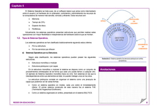 Capítulo 5
Anotaciones
REDES EN EDUCACIÓN 2 6
El Sistema Operativo se trata pues, de un software básico que actúa como intermediario
entre el usuario y el hardware de un ordenador, controlando y administrando los recursos de
la computadora de manera más sencilla, cómoda y eficiente. Estos recursos son:
• Memoria.
• Tiempo de CPU.
• Espacio de disco.
• Periféricos.
Actualmente, los sistemas operativos presentan estructuras que permiten realizar estas
operaciones con mayor flexibilidad e independencia del hardware sobre el que se montan.
1.2. TiposdeSistemasOperativos.
Los sistemas operativos se han clasificado tradicionalmente siguiendo estos criterios:
• Por su estructura.
• Por los servicios que ofrecen.
a) Sistemas Operativos por su Estructura.
Según esta clasificación, los sistemas operativos pueden poseer las siguientes
estructuras.
• Estructura monolítica o modular
• Estructura jerárquica o por capas
En la estructura monolítica o modular el sistema se dispone como un conjunto de
procedimientos entrelazados de tal forma que cada uno puede llamar a cualquier otro.
Un ejemplo de Sistema Operativo monolítico típico es Unix. Son sistemas en las que la
interdependencia entre sus elementos es total, no pueden trabajar unos sin los otros.
La estructura jerárquica consiste en organizar el sistema como una jerarquía de
capas que podemos ver de varias formas:
• Como un sistema operativo en niveles, cada uno sobre el inmediatamente
inferior. El primer sistema construido de esta manera fue el sistema THE
(Technische Hogeschool Eindhoven).
• Como un sistema organizado en anillos, presentado en el sistema MULTICS.
GESTIÓN
DE CPU
SPOOL
APLICACIÓN
DE
USUARIO
INTERPRETE
DE
COMANDOS
Ilustración 2: Sistema operativo de estructura jerárquica en anillos
concéntricos.
 