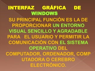 INTERFAZ     GRÁFICA    DE
          WINDOWS
 SU PRINCIPAL FUNCIÓN ES LA DE
   PROPORCIONAR UN ENTORNO
  VISUAL SENCILLO Y AGRADABLE
PARA EL USUARIO Y PERMITIR LA
 COMUNICACIÓN CON EL SISTEMA
         OPERATIVO DEL
COMPUTADOR, ORDENADOR, COMP
      UTADORA O CEREBRO
          ELECTRÓNICO.
 