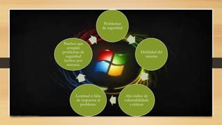 Problemas 
de seguridad 
Debilidad del 
sistema 
Alto índice de 
vulnerabilidade 
s críticas 
Parches que 
arreglan 
problemas de 
seguridad 
hechos por 
terceros. 
Lentitud ó falta 
de respuesta al 
problema. 
 