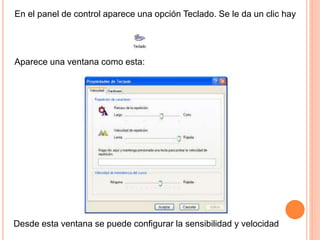 En el panel de control aparece una opción Teclado. Se le da un clic hay
Aparece una ventana como esta:
Desde esta ventana se puede configurar la sensibilidad y velocidad
 