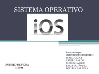 SISTEMA OPERATIVO




                  Presentado por:
                  JHON BAQUERO BERRIO
                  IVAN MOLINA
                  CAMILO PARDO
                  GEISON GARSES
NUMERO DE FICHA   KELLY QUIÑONEZ
     416021       WILLIAN BARRERA
 