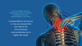 La espondilosis cervical es
un tipo de osteoartritis
que afecta las
articulaciones
intervertebrales de la
región del cuello.
El cartílago que se
degenera con el tiempo
puede provocar
espondilosis cervical
 