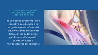 es una banda gruesa de tejido
conectivo que discurre a lo
largo de la parte inferior del
pie, conectando el hueso del
talón con los dedos de los
pies,Esta tensión repetida
puede dar lugar a
microdesgarros del ligamento
La fascitis plantar puede
resultar de la tensión
repetida en el pie
 