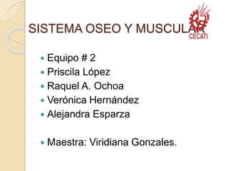 SISTEMA OSEO Y MUSCULAR
 Equipo # 2
 Priscila López
 Raquel A. Ochoa
 Verónica Hernández
 Alejandra Esparza
 Maestra: Viridiana Gonzales.
 