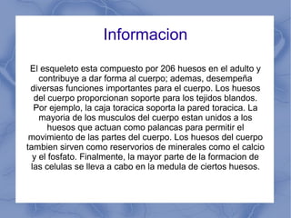 Informacion El esqueleto esta compuesto por 206 huesos en el adulto y contribuye a dar forma al cuerpo; ademas, desempeña diversas funciones importantes para el cuerpo. Los huesos del cuerpo proporcionan soporte para los tejidos blandos. Por ejemplo, la caja toracica soporta la pared toracica. La mayoria de los musculos del cuerpo estan unidos a los huesos que actuan como palancas para permitir el movimiento de las partes del cuerpo. Los huesos del cuerpo tambien sirven como reservorios de minerales como el calcio y el fosfato. Finalmente, la mayor parte de la formacion de las celulas se lleva a cabo en la medula de ciertos huesos. 