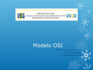 Modelo OSI
       Alunas: Nalva Maria de Oliveira
                  Suení Maria da Silva
               Zilda Soares dos Santos
 
