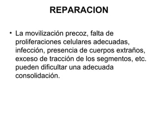 REPARACION La movilización precoz, falta de proliferaciones celulares adecuadas, infección, presencia de cuerpos extraños, exceso de tracción de los segmentos, etc. pueden dificultar una adecuada consolidación. 