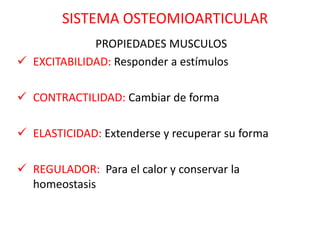 SISTEMA OSTEOMIOARTICULAR
             PROPIEDADES MUSCULOS
 EXCITABILIDAD: Responder a estímulos

 CONTRACTILIDAD: Cambiar de forma

 ELASTICIDAD: Extenderse y recuperar su forma

 REGULADOR: Para el calor y conservar la
  homeostasis
 
