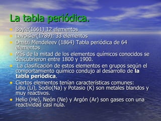 La tabla periódica. Boyle(1661) 12 elementos  Lavoisier(1789): 33 elementos  Dmitri   Mendeleev   (1864) Tabla periódica de 64 elementos  Más de la mitad de los elementos químicos conocidos se descubrieron entre 1800 y 1900. La clasificación de estos elementos en grupos según el comportamiento químico condujo al desarrollo de  la tabla periódica .  Ciertos elementos tenían características comunes:     Litio (Li), Sodio(Na) y Potasio (K) son metales blandos y muy reactivos.  Helio (He), Neón (Ne) y Argón (Ar) son gases con una reactividad casi nula.  