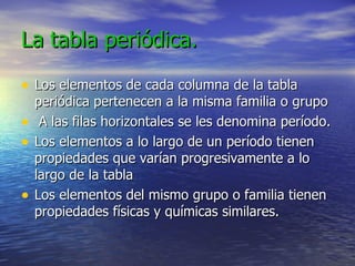La tabla periódica. Los elementos de cada columna de la tabla periódica pertenecen a la misma familia o grupo A las filas horizontales se les denomina período.  Los elementos a lo largo de un período tienen propiedades que varían progresivamente a lo largo de la tabla Los elementos del mismo grupo o familia tienen propiedades físicas y químicas similares.  