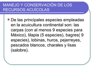 MANEJO Y CONSERVACIÓN DE LOS
RECURSOS ACUÍCOLAS

    De las principales especies empleadas
     en la acuicultura continental son: las
     carpas (con al menos 9 especies para
     México), tilapia (5 especies), bagres( 9
     especies), lobinas, huros, pejerreyes,
     pescados blancos, charales y lisas
     (salobre).
 