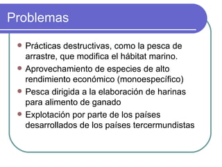 Problemas
    Prácticas destructivas, como la pesca de
     arrastre, que modifica el hábitat marino.
    Aprovechamiento de especies de alto
     rendimiento económico (monoespecífico)
    Pesca dirigida a la elaboración de harinas
     para alimento de ganado
    Explotación por parte de los países
     desarrollados de los países tercermundistas
 