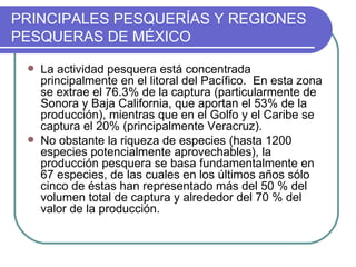 PRINCIPALES PESQUERÍAS Y REGIONES
PESQUERAS DE MÉXICO

    La actividad pesquera está concentrada
     principalmente en el litoral del Pacífico. En esta zona
     se extrae el 76.3% de la captura (particularmente de
     Sonora y Baja California, que aportan el 53% de la
     producción), mientras que en el Golfo y el Caribe se
     captura el 20% (principalmente Veracruz).
    No obstante la riqueza de especies (hasta 1200
     especies potencialmente aprovechables), la
     producción pesquera se basa fundamentalmente en
     67 especies, de las cuales en los últimos años sólo
     cinco de éstas han representado más del 50 % del
     volumen total de captura y alrededor del 70 % del
     valor de la producción.
 