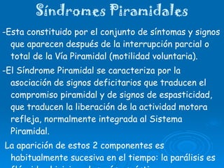 Síndromes Piramidales -Esta constituido por el conjunto de síntomas y signos que aparecen después de la interrupción parcial o total de la Vía Piramidal (motilidad voluntaria). -El Síndrome Piramidal se caracteriza por la asociación de signos deficitarios que traducen el compromiso piramidal y de signos de espasticidad, que traducen la liberación de la actividad motora refleja, normalmente integrada al Sistema Piramidal. La aparición de estos 2 componentes es habitualmente sucesiva en el tiempo: la parálisis es fláccida al inicio y después espástica.  