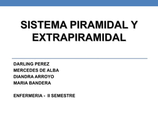 SISTEMA PIRAMIDAL Y
    EXTRAPIRAMIDAL

DARLING PEREZ
MERCEDES DE ALBA
DIANDRA ARROYO
MARIA BANDERA

ENFERMERIA - II SEMESTRE
 