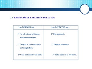 3.3 EJEMPLOS DE ERRORES Y DEFECTOS
Los ERRORES son : Los DEFECTOS son :
1° No seleccionar el tiempo 1° Pan quemado.
adecuado del horno.
2° Colocar al revés una hoja 2° Paginas en blanco.
en la copiadora.
3° Usar un fechador sin tinta. 3° Falta fecha en el producto.
 