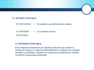 4.2 METODO CONFIABLE
UN ESTANDAR = Un método o procedimiento de trabajo
UN METODO = Un estándar efectivo.
CONFIABLE
UN METODO CONFIABLE :
Está compuesto únicamente por aquellos elementos que cuando se
realiza un trabajo y se siguen los procedimientos se obtiene un resultado
deseable y predecible y cuando no se siguen los procedimientos resultan
un defecto o desperdicio predecible.
 