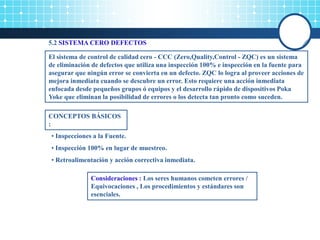 5.2 SISTEMA CERO DEFECTOS
El sistema de control de calidad cero - CCC (Zero,Quality,Control - ZQC) es un sistema
de eliminación de defectos que utiliza una inspección 100% e inspección en la fuente para
asegurar que ningún error se convierta en un defecto. ZQC lo logra al proveer acciones de
mejora inmediata cuando se descubre un error. Esto requiere una acción inmediata
enfocada desde pequeños grupos ó equipos y el desarrollo rápido de dispositivos Poka
Yoke que eliminan la posibilidad de errores o los detecta tan pronto como suceden.
CONCEPTOS BÁSICOS
:
• Inspecciones a la Fuente.
• Inspección 100% en lugar de muestreo.
• Retroalimentación y acción correctiva inmediata.
Consideraciones : Los seres humanos cometen errores /
Equivocaciones , Los procedimientos y estándares son
esenciales.
 