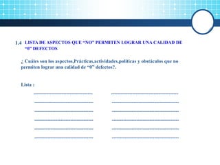LISTA DE ASPECTOS QUE “NO” PERMITEN LOGRAR UNA CALIDAD DE
“0” DEFECTOS
¿ Cuáles son los aspectos,Prácticas,actividades,politicas y obstáculos que no
permiten lograr una calidad de “0” defectos?.
Lista :
------------------------------------ -----------------------------------------
------------------------------------ -----------------------------------------
------------------------------------ -----------------------------------------
------------------------------------ -----------------------------------------
------------------------------------ -----------------------------------------
------------------------------------ -----------------------------------------
1.4
 