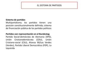 Sistema de partidos
Multipartidismo; los partidos tienen una
posición constitucionalmente definida; sistema
de financiación pública de los partidos políticos
Partidos con representación en el Bundestag
Partido Social-demócrata de Alemania (SPD),
Unión Cristianodemócrata (CDU), Unión
Cristiano-social (CSU), Alianza 90/Los Verdes
(Verdes), Partido Liberal Democrático (FDP), La
Izquierda
EL SISTEMA DE PARTIDOS
 