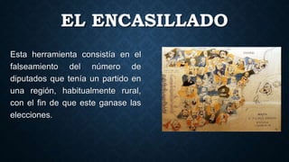 EL ENCASILLADO
Esta herramienta consistía en el
falseamiento del número de
diputados que tenía un partido en
una región, habitualmente rural,
con el fin de que este ganase las
elecciones.
 