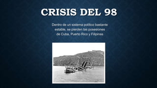 CRISIS DEL 98
Dentro de un sistema político bastante
estable, se pierden las posesiones
de Cuba, Puerto Rico y Filipinas
 