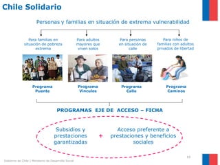 Chile Solidario
                       Personas y familias en situación de extrema vulnerabilidad


                 Para familias en                     Para adultos       Para personas        Para niños de
              situación de pobreza                    mayores que        en situación de   familias con adultos
                     extrema                           viven solos             calle       privados de libertad




                    Programa                          Programa            Programa             Programa
                     Puente                            Vínculos             Calle               Caminos




                                      PROGRAMAS EJE DE ACCESO – FICHA


                                     Subsidios y                        Acceso preferente a
                                    prestaciones                  +   prestaciones y beneficios
                                    garantizadas                               sociales

                                                                                                           10
Gobierno de Chile | Ministerio de Desarrollo Social
 