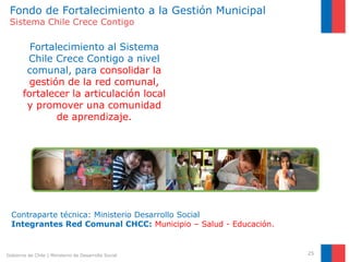 Fondo de Fortalecimiento a la Gestión Municipal
 Sistema Chile Crece Contigo

         Fortalecimiento al Sistema
        Chile Crece Contigo a nivel
        comunal, para consolidar la
         gestión de la red comunal,
       fortalecer la articulación local
        y promover una comunidad
               de aprendizaje.




  Contraparte técnica: Ministerio Desarrollo Social
  Integrantes Red Comunal CHCC: Municipio – Salud - Educación.


Gobierno de Chile | Ministerio de Desarrollo Social              25
 