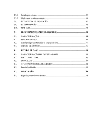 2.7.1. Função dos estoques ..................................................................................................29
2.7.2. Modelos de gestão de estoques..................................................................................30
2.8. ESTRATÉGIA DE PRODUÇÃO .............................................................................31
2.9. PADRONIZAÇÃO....................................................................................................32
2.10. MRP E JIT .................................................................................................................32
3. PROCEDIMENTOS METODOLÓGICOS..........................................................34
3.1. CARACTERIZAÇÃO...............................................................................................34
3.2. PROCEDIMENTOS..................................................................................................35
3.3. Caracterização da Demanda da Empresa Gama ........................................................36
3.4. OBJETO DE ESTUDO .............................................................................................36
4. ESTUDO DE CASO ................................................................................................38
4.1. CARACTERIZAÇÃO DA EMPRESA GAMA........................................................38
4.2. FOCO DO ESTUDO .................................................................................................42
4.3. CURVA ABC ............................................................................................................43
4.4. ATUAÇÃO NOS DEPARTAMENTOS...................................................................44
4.5. Resultados Obtidos ....................................................................................................55
5. CONCLUSÃO..........................................................................................................59
5.1. Sugestão para trabalhos futuros .................................................................................60
 