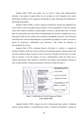 21
Segundo Ohno (1997) este cartão, que na Toyota a forma mais frequentemente
utilizada, é um pedaço de papel dentro de um envelope de vinil retangular, deve conter
informações divididas em três categorias: informação de coleta, informação de transferência e
informação de produção.
Segundo Tubino (1999), o kanban começou na década de sessenta por engenheiros da
Toyota Motors como um programa para controlar o fluxo da produção em todo seu sistema.
Tinha como objetivos melhorar a produtividade e envolver a mão-de-obra neste. O kanban
pode ser conceituado como uma técnica de administração de materiais e produção que visa a
utilização de cada coisa no tempo certo e somente na quantidade necessária. É um sistema de
informação para controlar adequadamente as quantidades de produção em todos os processos,
através de dispositivos sinalizadores que autorizam e dão ordens de produção ou
movimentação de um item.
Segundo Ohno (1997), o principal objetivo do kanban é o controle e a redução de
estoques na fábrica, tendo em vista que somente será produzido quando o cliente solicitar, não
havendo acúmulo de peças excessivas entre os processos. Dividido em três níveis ele indica
onde se encontra o nível de estoque. As cores e identificações variam de acordo com a
empresa (geralmente verde, amarelo e vermelho), mas sempre visam identificar estoque de
ciclo, estoque pulmão e estoque de segurança, conforme a divisão da Figura 1.
Figura 1 - Identificação dos Níveis de Estoque por Kanban
Fonte: Smalley (2005)
Segundo Smalley (2005), estoque de ciclo é dimensionado para atender a demanda
normal, estoque pulmão é a quantidade para cobrir as variações de demanda e estoque de
 