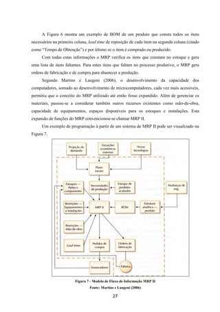 27
A Figura 6 mostra um exemplo de BOM de um produto que consta todos os itens
necessários na primeira coluna, lead time de reposição de cada item na segunda coluna (citado
como “Tempo de Obtenção”) e por último se o item é comprado ou produzido.
Com todas estas informações o MRP verifica os itens que constam no estoque e gera
uma lista de itens faltantes. Para estes itens que faltam no processo produtivo, o MRP gera
ordens de fabricação e de compra para abastecer a produção.
Segundo Martins e Laugeni (2006), o desenvolvimento da capacidade dos
computadores, somado ao desenvolvimento de microcomputadores, cada vez mais acessíveis,
permitiu que o conceito do MRP utilizado até então fosse expandido. Além de gerenciar os
materiais, passou-se a considerar também outros recursos existentes como mão-de-obra,
capacidade de equipamentos, espaços disponíveis para os estoques e instalações. Esta
expansão de funções do MRP convencionou-se chamar MRP II.
Um exemplo de programação à partir de um sistema de MRP II pode ser visualizado na
Figura 7.
Figura 7 - Modelo de Fluxo de Informação MRP II
Fonte: Martins e Laugeni (2006)
 