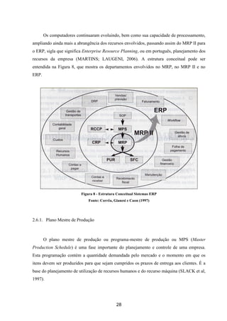 28
Os computadores continuaram evoluindo, bem como sua capacidade de processamento,
ampliando ainda mais a abrangência dos recursos envolvidos, passando assim do MRP II para
o ERP, sigla que significa Enterprise Resource Planning, ou em português, planejamento dos
recursos da empresa (MARTINS; LAUGENI, 2006). A estrutura conceitual pode ser
entendida na Figura 8, que mostra os departamentos envolvidos no MRP, no MRP II e no
ERP.
Figura 8 - Estrutura Conceitual Sistemas ERP
Fonte: Corrêa, Gianesi e Caon (1997)
2.6.1. Plano Mestre de Produção
O plano mestre de produção ou programa-mestre de produção ou MPS (Master
Production Schedule) é uma fase importante do planejamento e controle de uma empresa.
Esta programação contém a quantidade demandada pelo mercado e o momento em que os
itens devem ser produzidos para que sejam cumpridos os prazos de entrega aos clientes. É a
base do planejamento de utilização de recursos humanos e do recurso máquina (SLACK et al,
1997).
 