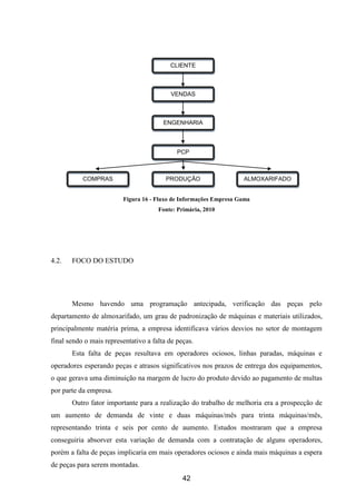42
Figura 16 - Fluxo de Informações Empresa Gama
Fonte: Primária, 2010
4.2. FOCO DO ESTUDO
Mesmo havendo uma programação antecipada, verificação das peças pelo
departamento de almoxarifado, um grau de padronização de máquinas e materiais utilizados,
principalmente matéria prima, a empresa identificava vários desvios no setor de montagem
final sendo o mais representativo a falta de peças.
Esta falta de peças resultava em operadores ociosos, linhas paradas, máquinas e
operadores esperando peças e atrasos significativos nos prazos de entrega dos equipamentos,
o que gerava uma diminuição na margem de lucro do produto devido ao pagamento de multas
por parte da empresa.
Outro fator importante para a realização do trabalho de melhoria era a prospecção de
um aumento de demanda de vinte e duas máquinas/mês para trinta máquinas/mês,
representando trinta e seis por cento de aumento. Estudos mostraram que a empresa
conseguiria absorver esta variação de demanda com a contratação de alguns operadores,
porém a falta de peças implicaria em mais operadores ociosos e ainda mais máquinas a espera
de peças para serem montadas.
CLIENTE
VENDAS
ENGENHARIA
PCP
COMPRAS PRODUÇÃO ALMOXARIFADO
 